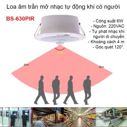 Loa âm trần mở nhạc tự động phát khi có người Loa âm trần mở nhạc tự động phát khi có người BS-630PIR/B, công suất 20W (thông báo, nhắc việc, thư viện, phòng khách, nhà vệ sinh, toilet, quảng cáo, siêu thị, thư giãn, giải trí)